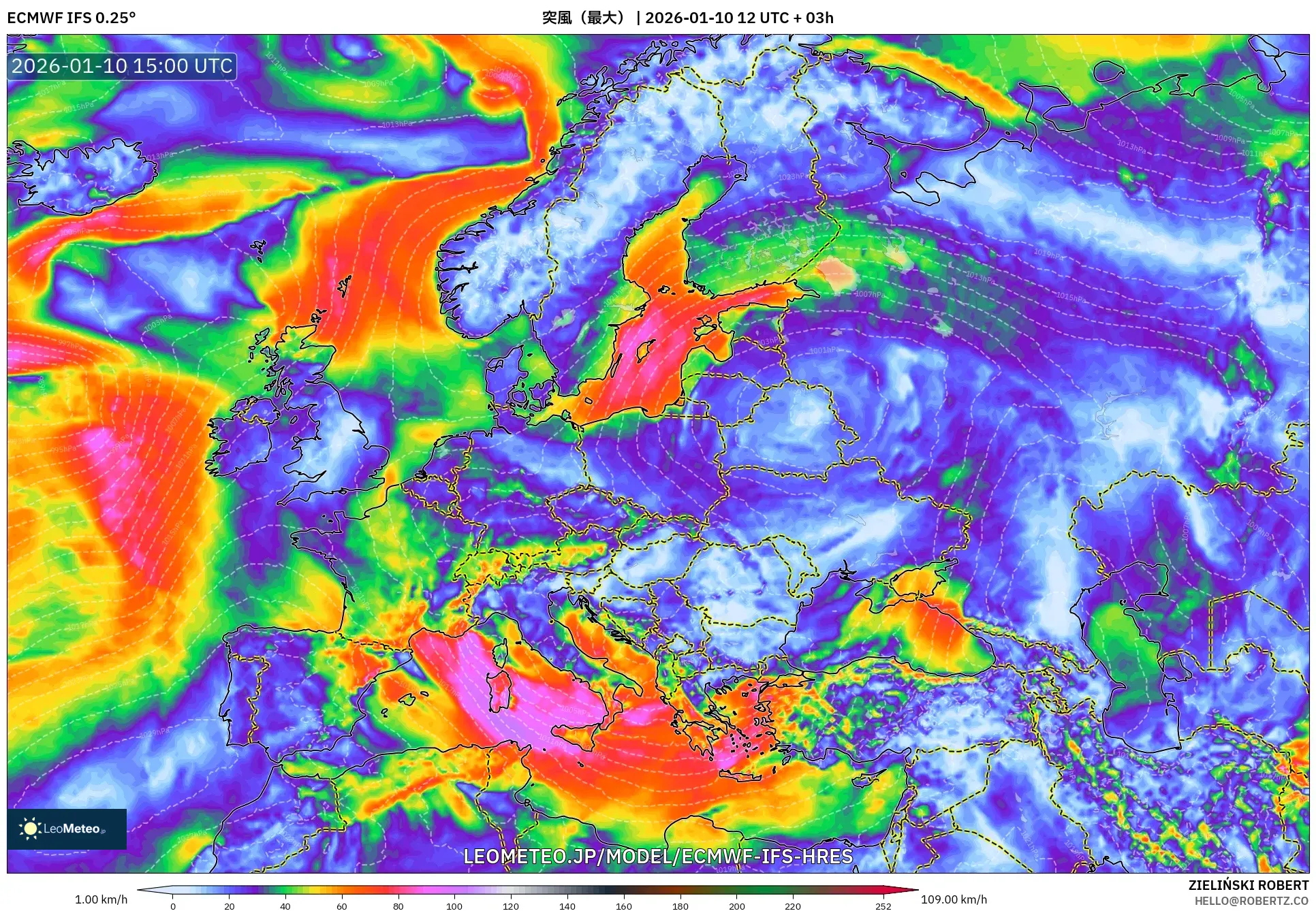 ECMWF IFS 0.25° model - ヨーロッパ, 突風（最大）