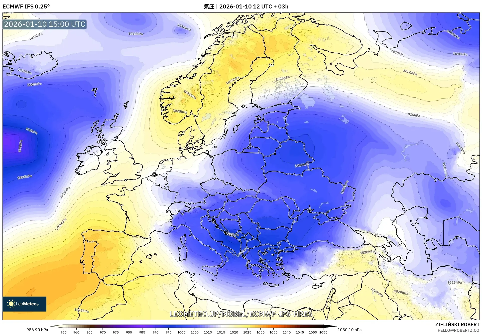 ECMWF IFS 0.25° model - ヨーロッパ, 気圧