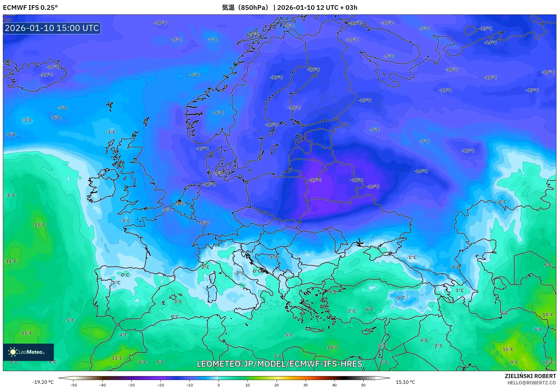 ECMWF IFS 0.25° model - ヨーロッパ, 気温（850hPa）
