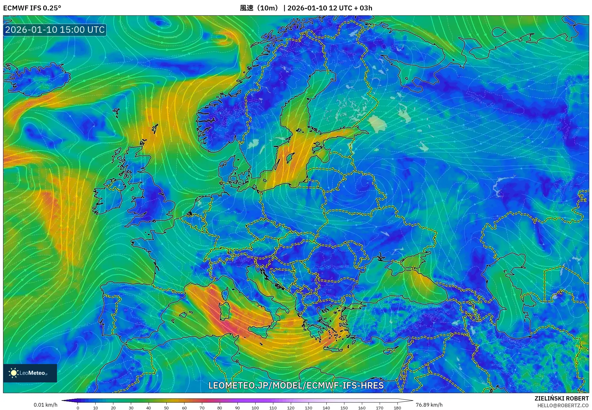 ECMWF IFS 0.25° model - ヨーロッパ, 風速（10m）