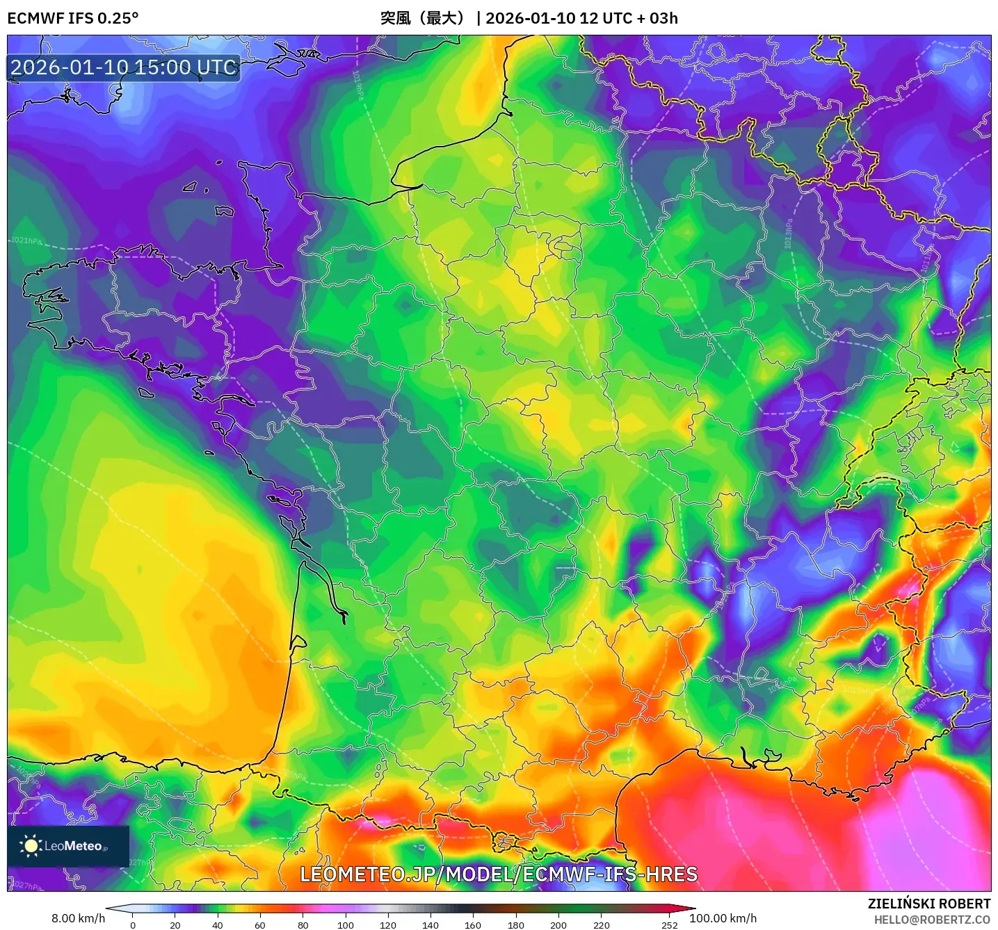 ECMWF IFS 0.25° model - フランス, 突風（最大）