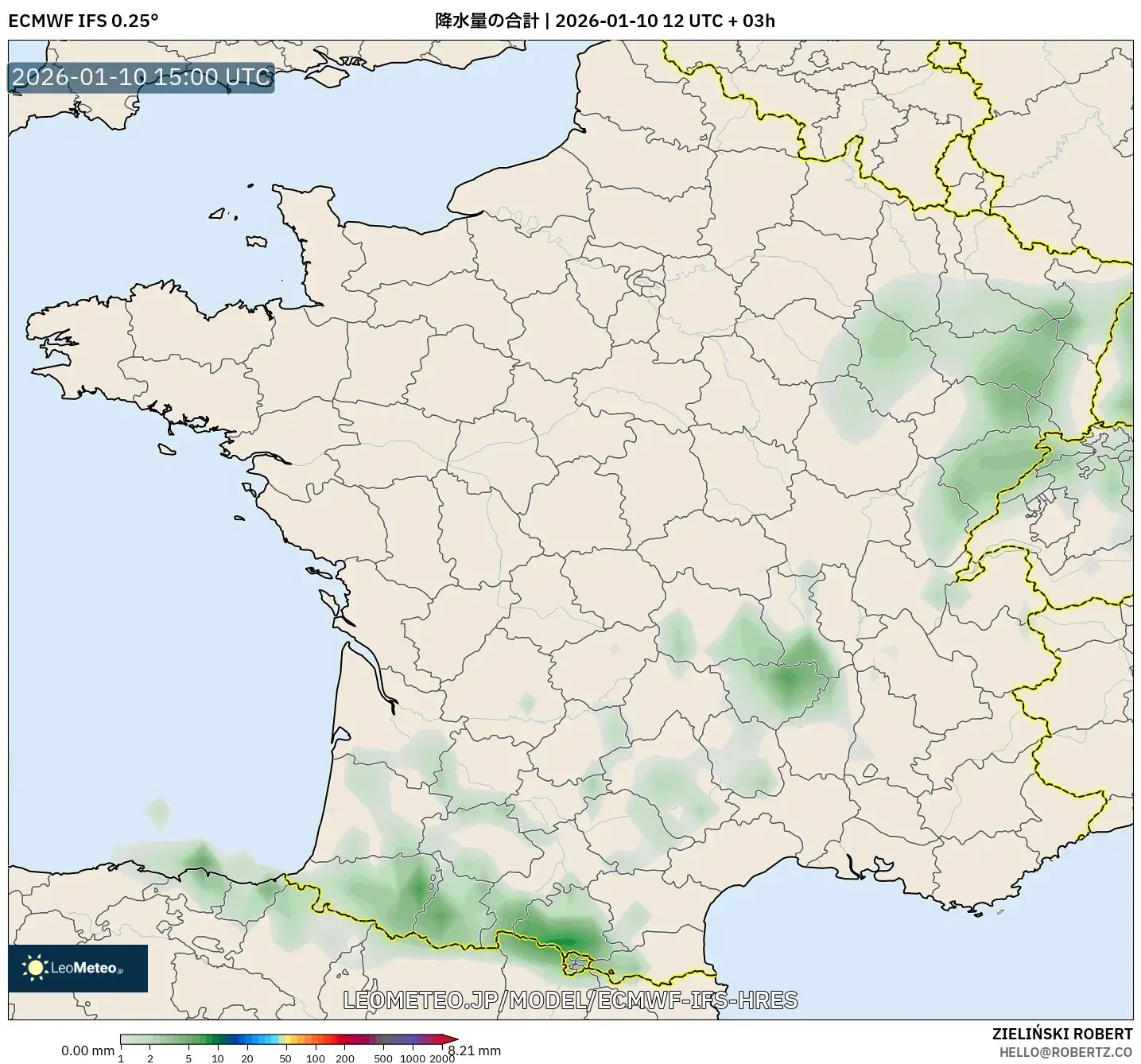 ECMWF IFS 0.25° model - フランス, 降水量の合計
