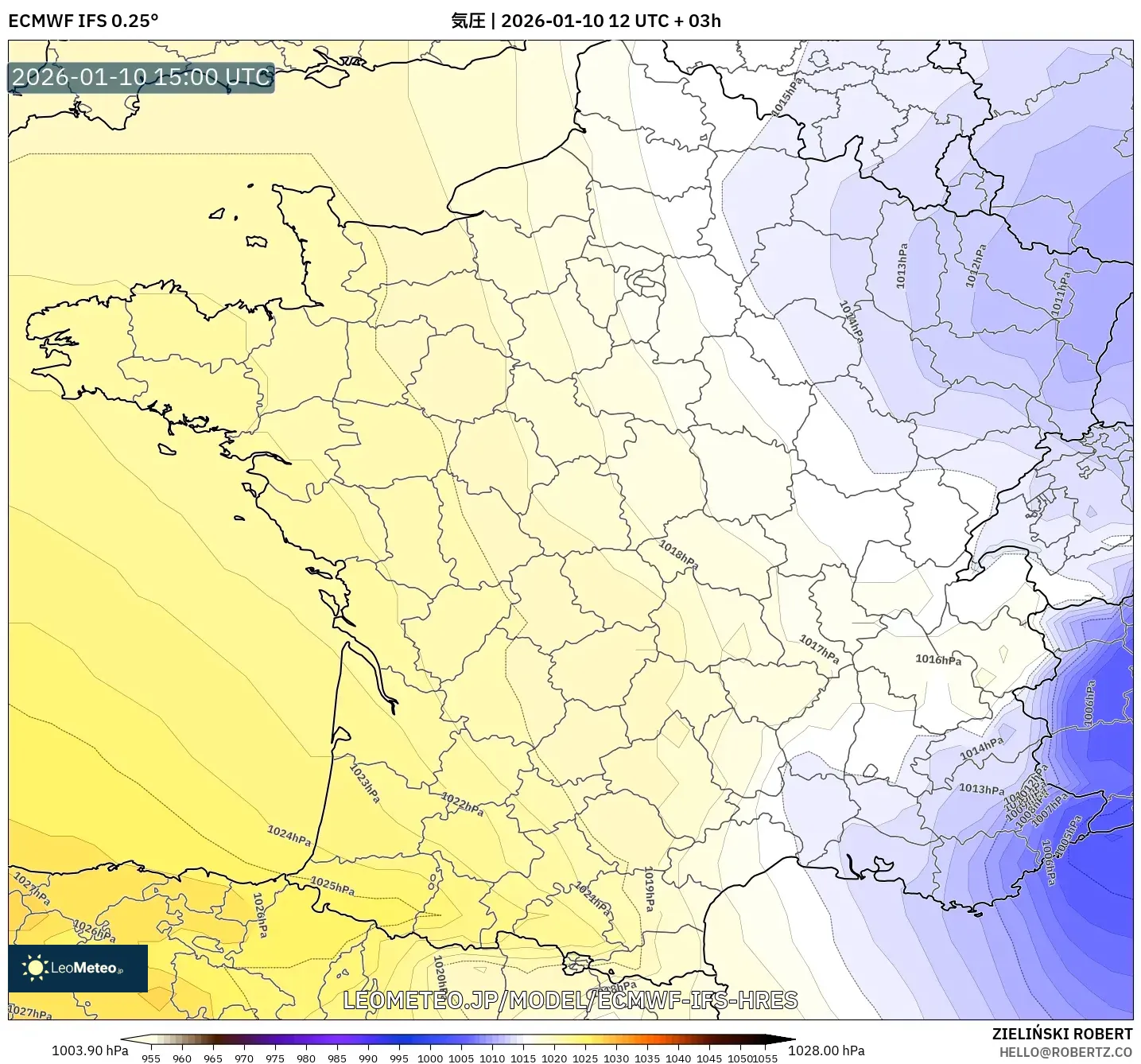 ECMWF IFS 0.25° model - フランス, 気圧