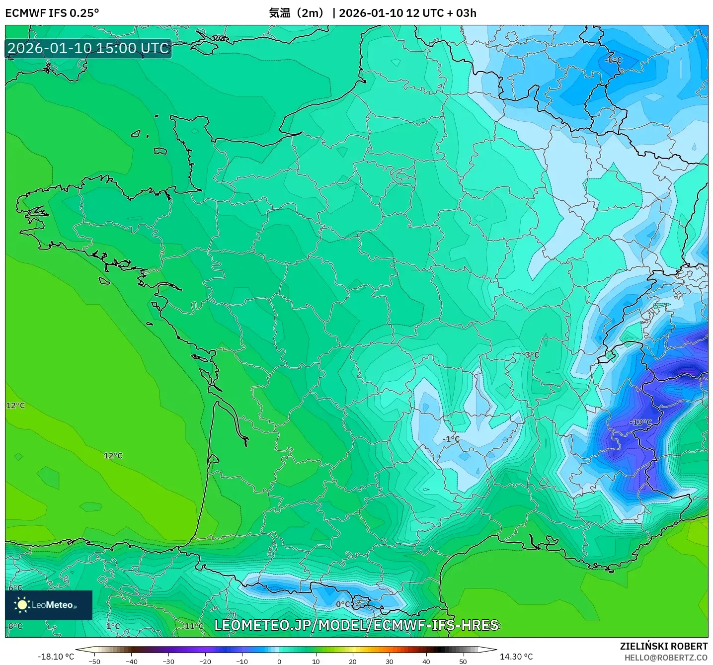 ECMWF IFS 0.25° model - フランス, 気温（2m）