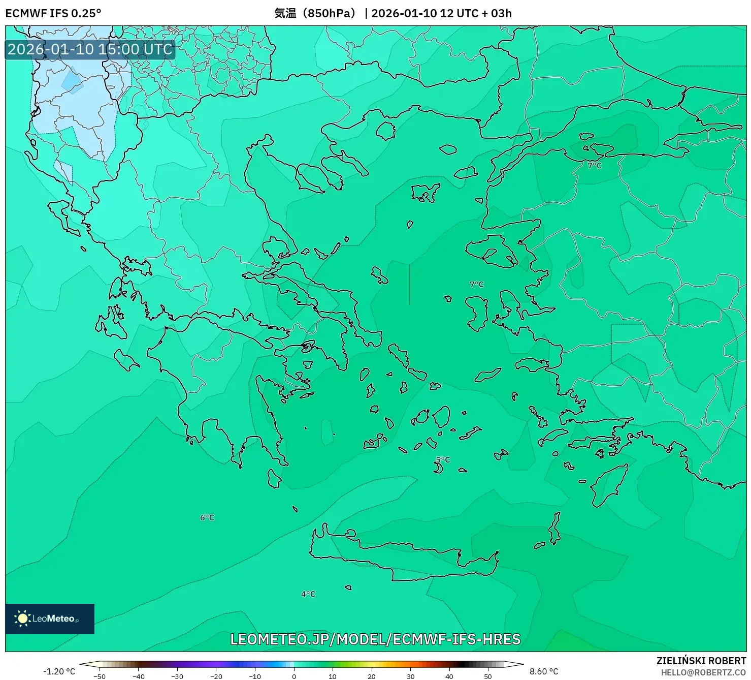 ECMWF IFS 0.25° model - ギリシャ, 気温（850hPa）