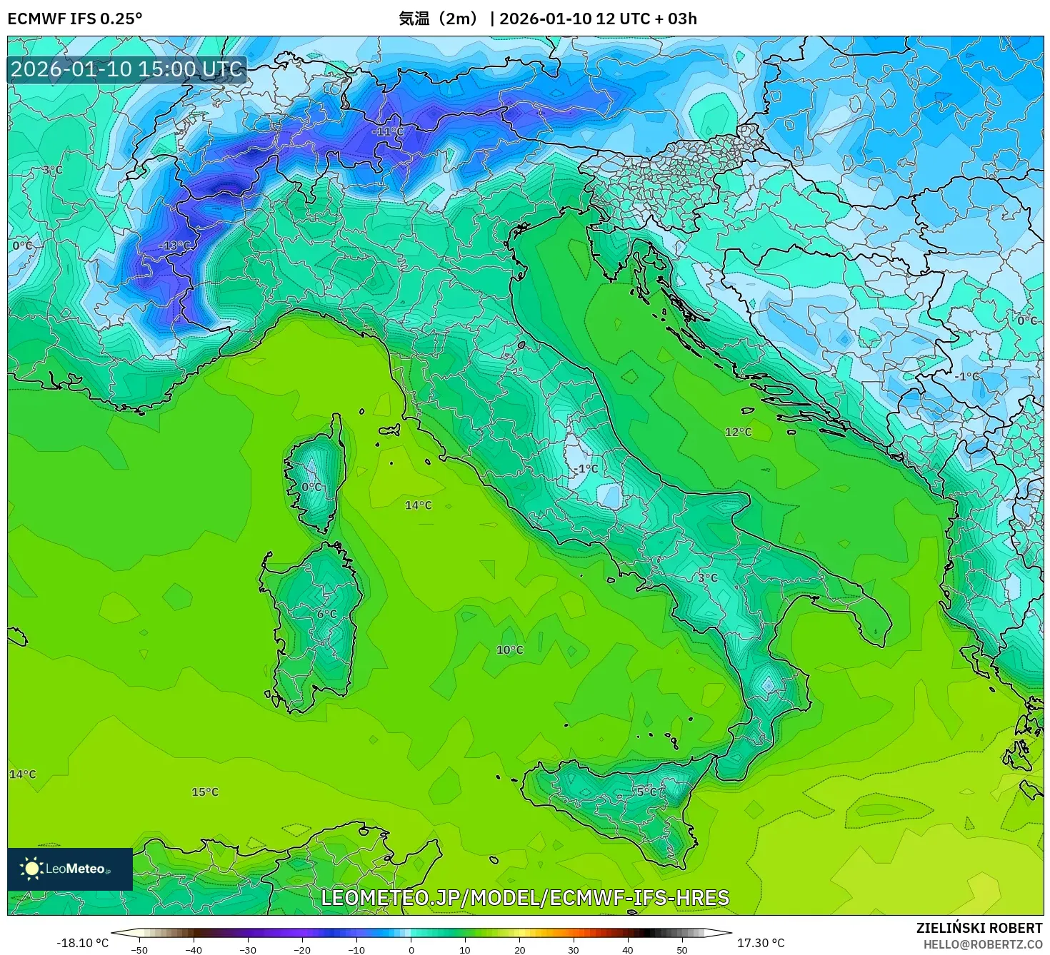 ECMWF IFS 0.25° model - イタリア, 気温（2m）