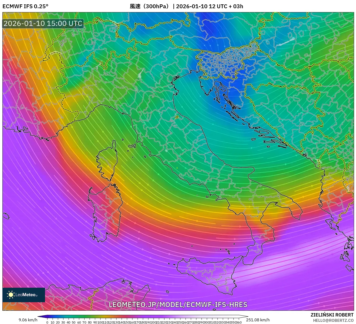 ECMWF IFS 0.25° model - イタリア, 風速（300hPa）