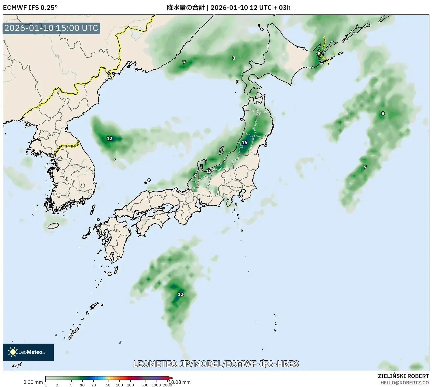 ECMWF IFS 0.25° model - 日本, 降水量の合計
