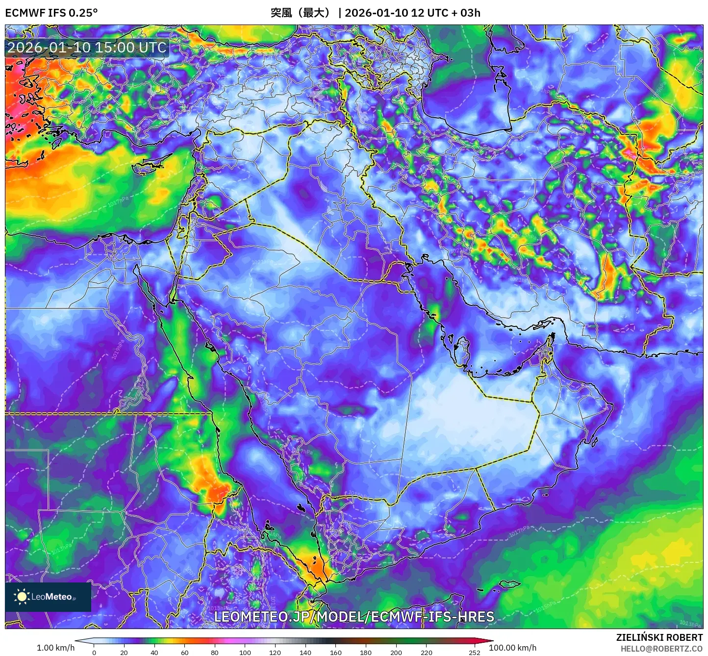 ECMWF IFS 0.25° model - 中東, 突風（最大）