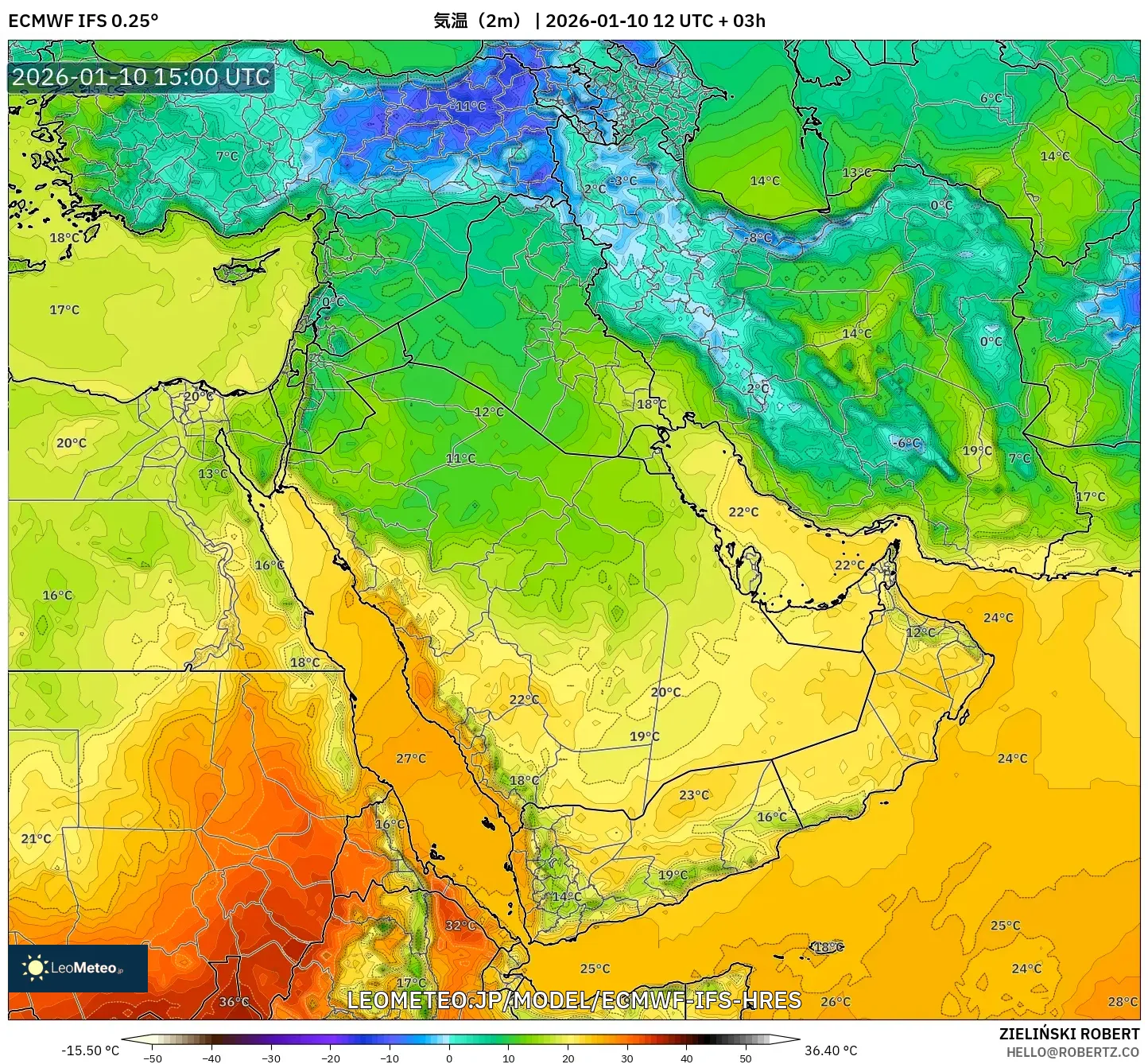 ECMWF IFS 0.25° model - 中東, 気温（2m）