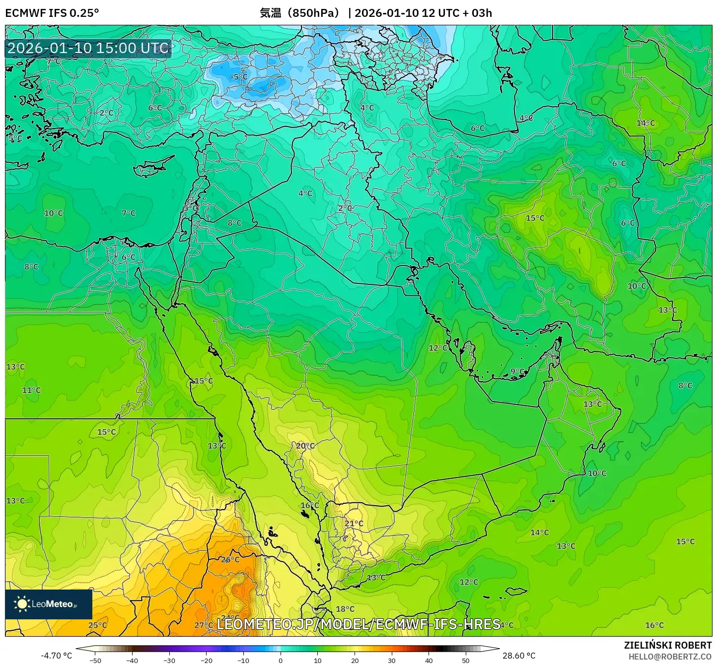 ECMWF IFS 0.25° model - 中東, 気温（850hPa）