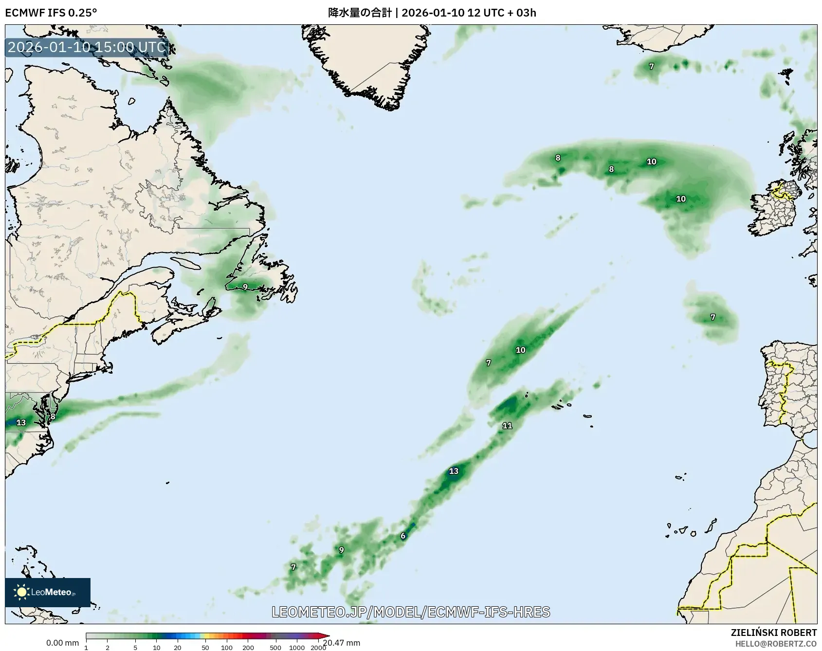 ECMWF IFS 0.25° model - 北大西洋, 降水量の合計