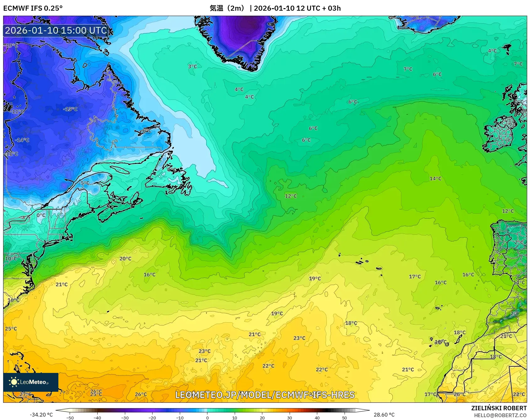 ECMWF IFS 0.25° model - 北大西洋, 気温（2m）