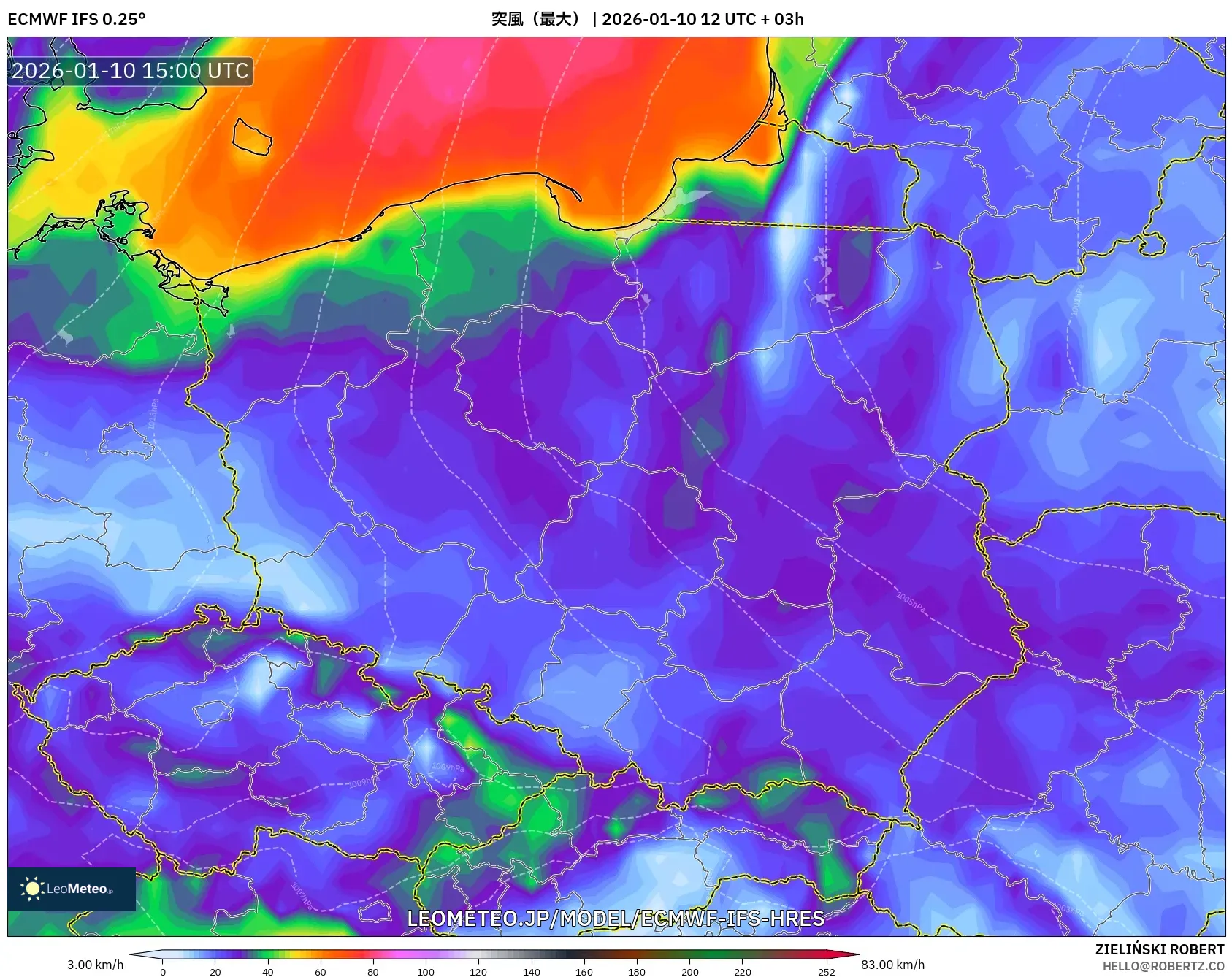 ECMWF IFS 0.25° model - ポーランド, 突風（最大）