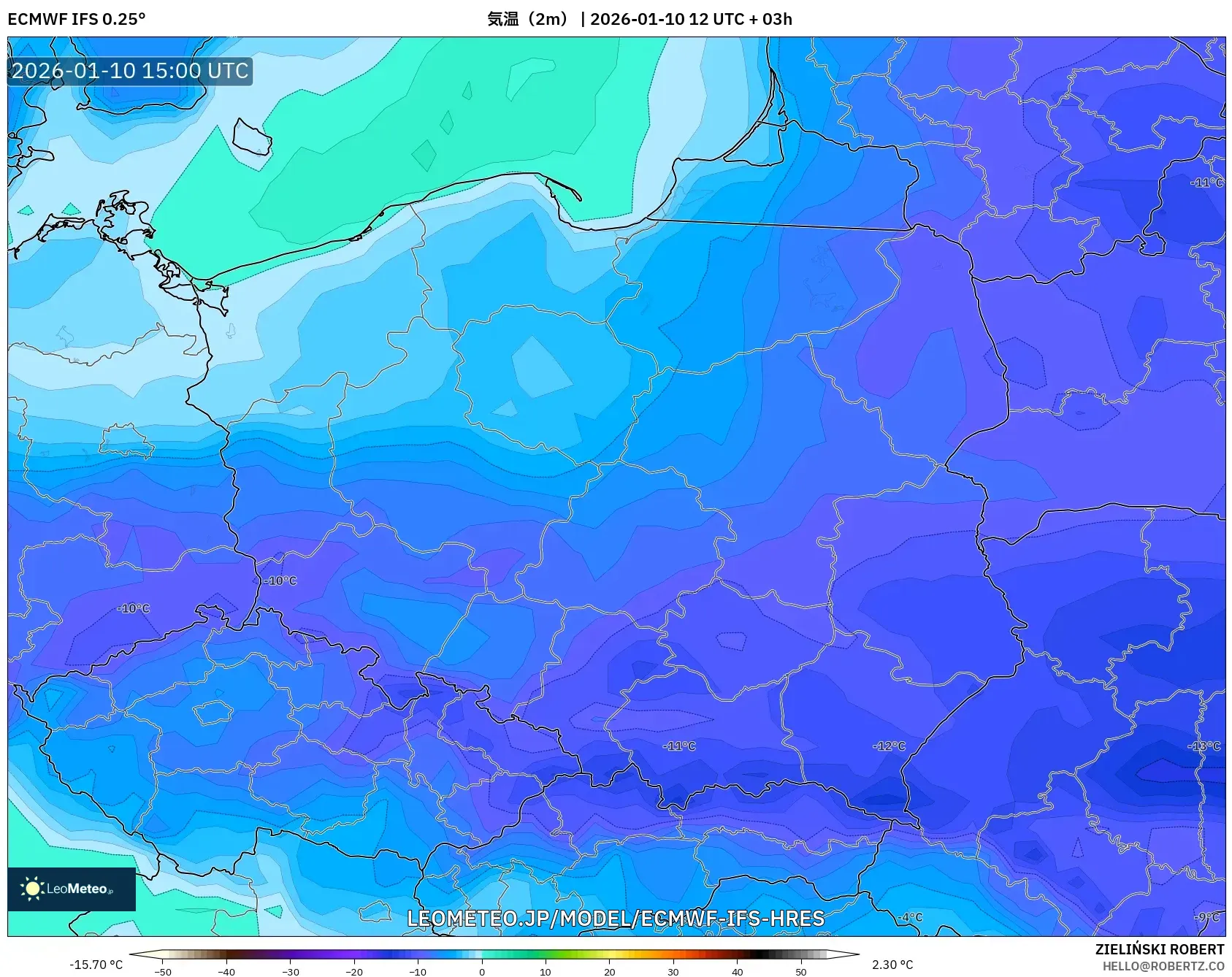 ECMWF IFS 0.25° model - ポーランド, 気温（2m）