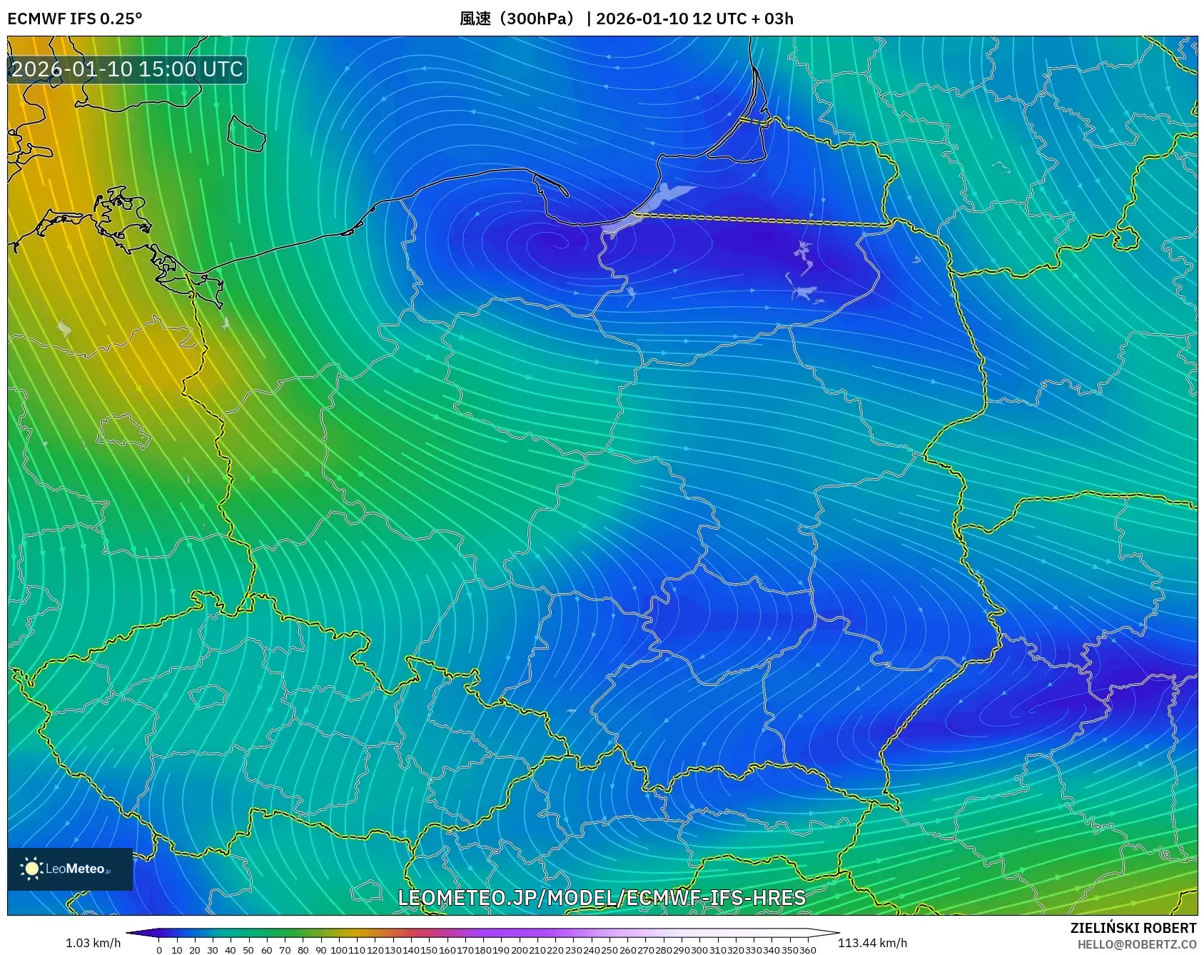 ECMWF IFS 0.25° model - ポーランド, 風速（300hPa）