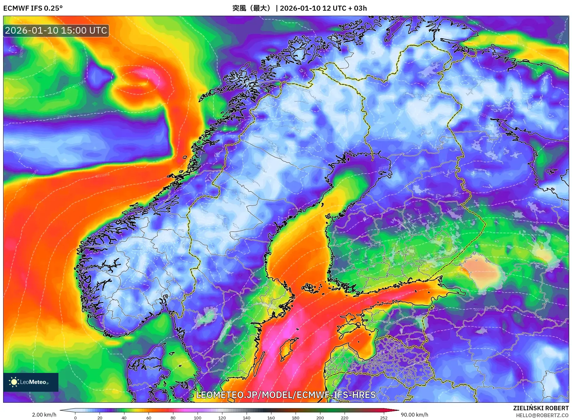 ECMWF IFS 0.25° model - スカンジナビア, 突風（最大）