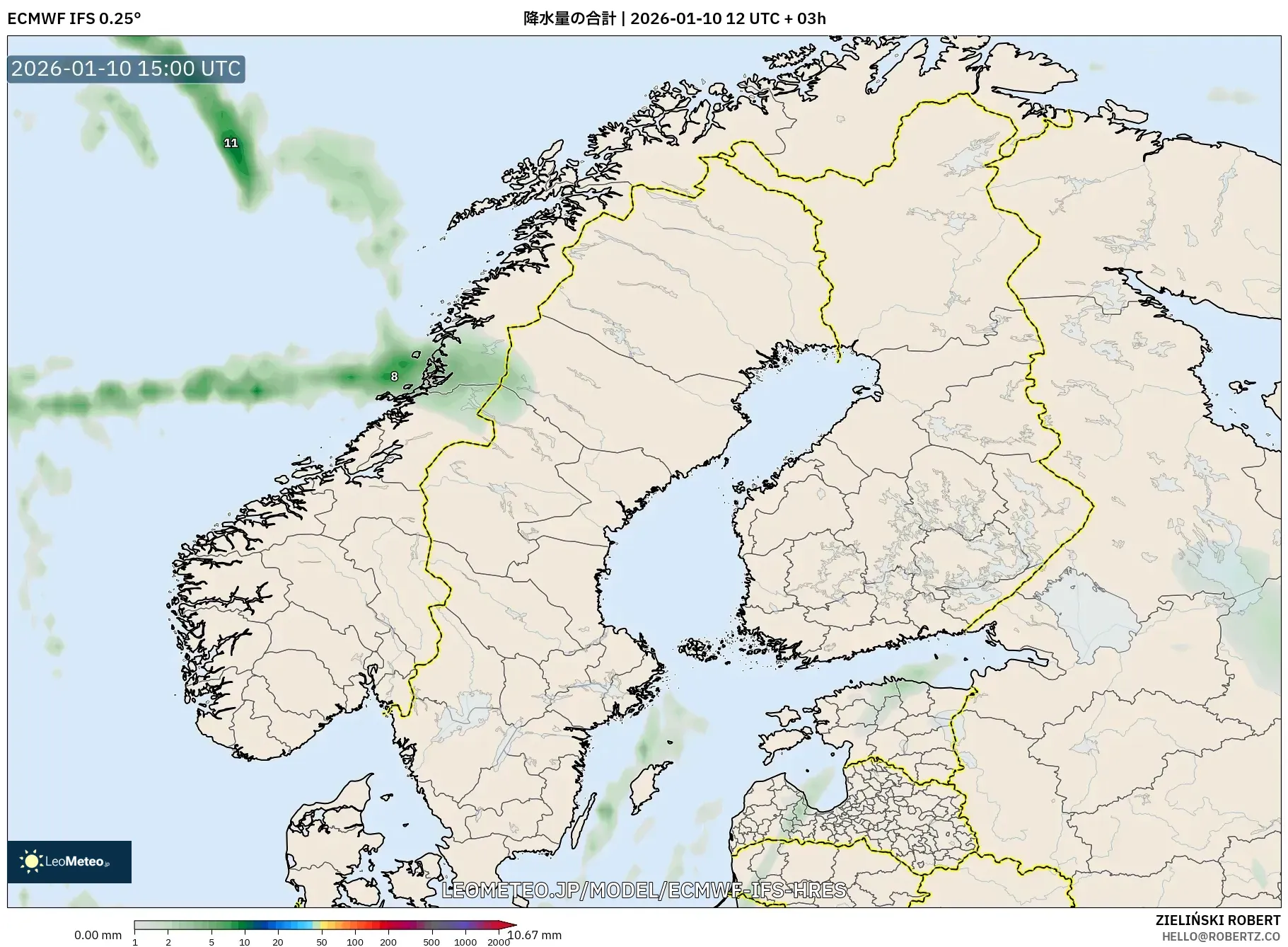 ECMWF IFS 0.25° model - スカンジナビア, 降水量の合計
