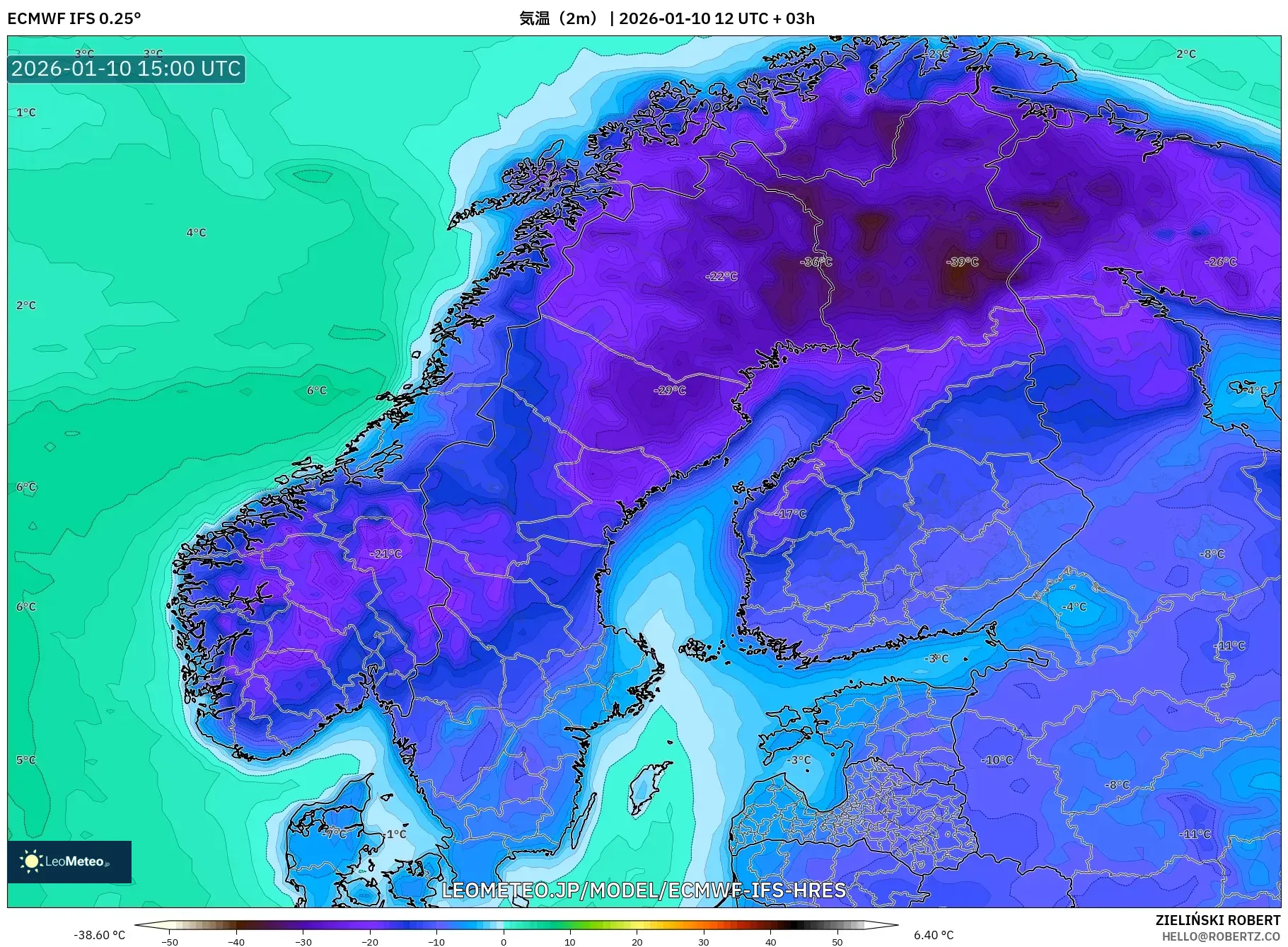 ECMWF IFS 0.25° model - スカンジナビア, 気温（2m）