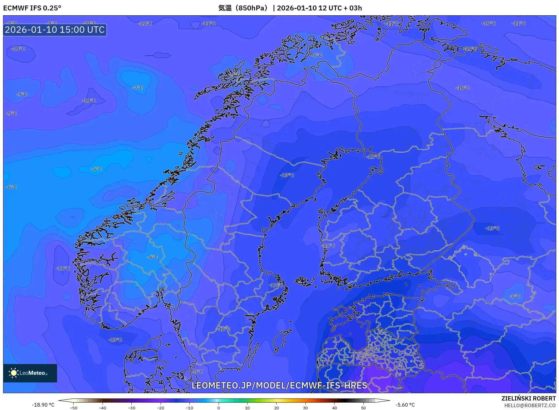 ECMWF IFS 0.25° model - スカンジナビア, 気温（850hPa）