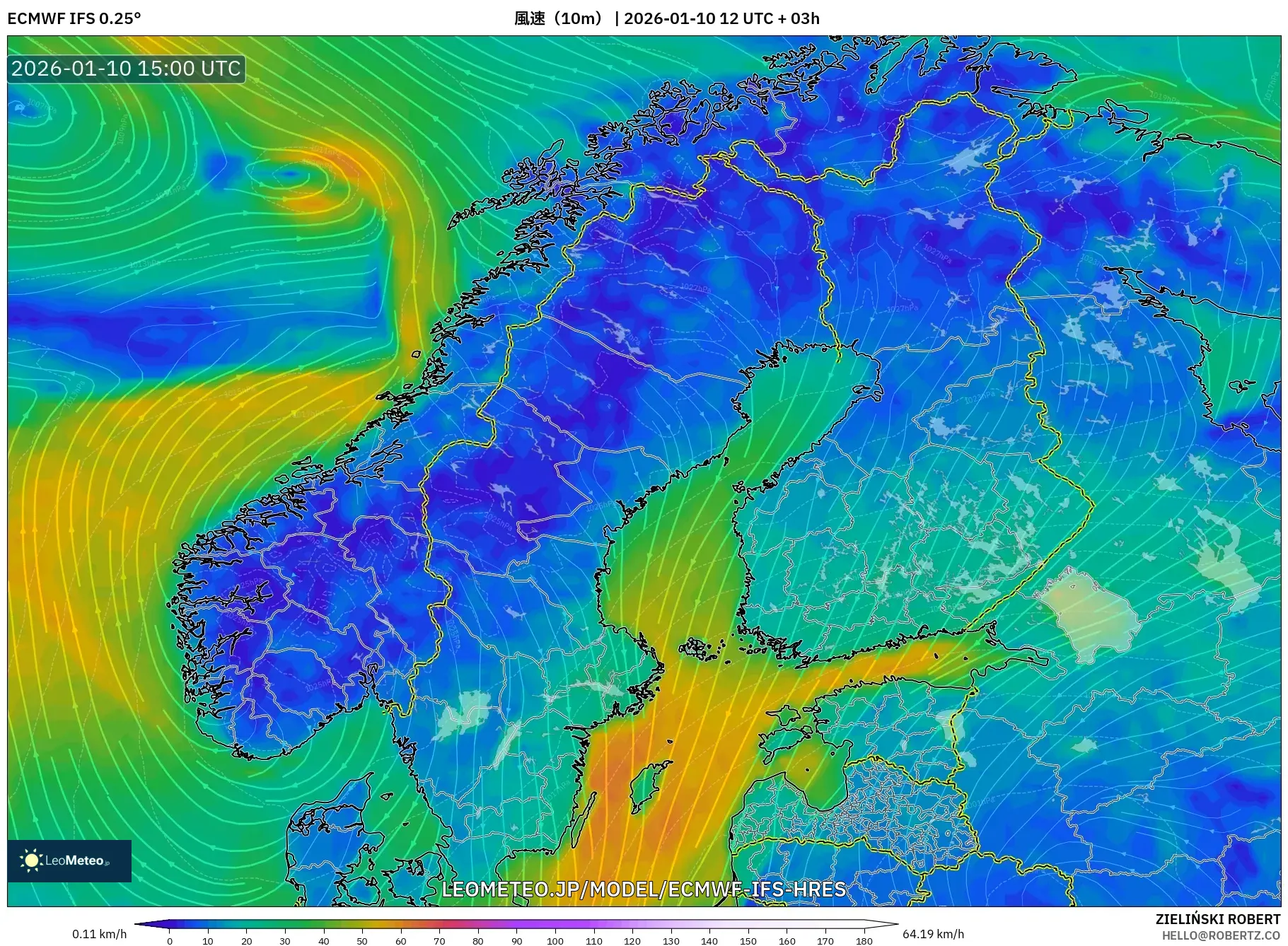 ECMWF IFS 0.25° model - スカンジナビア, 風速（10m）