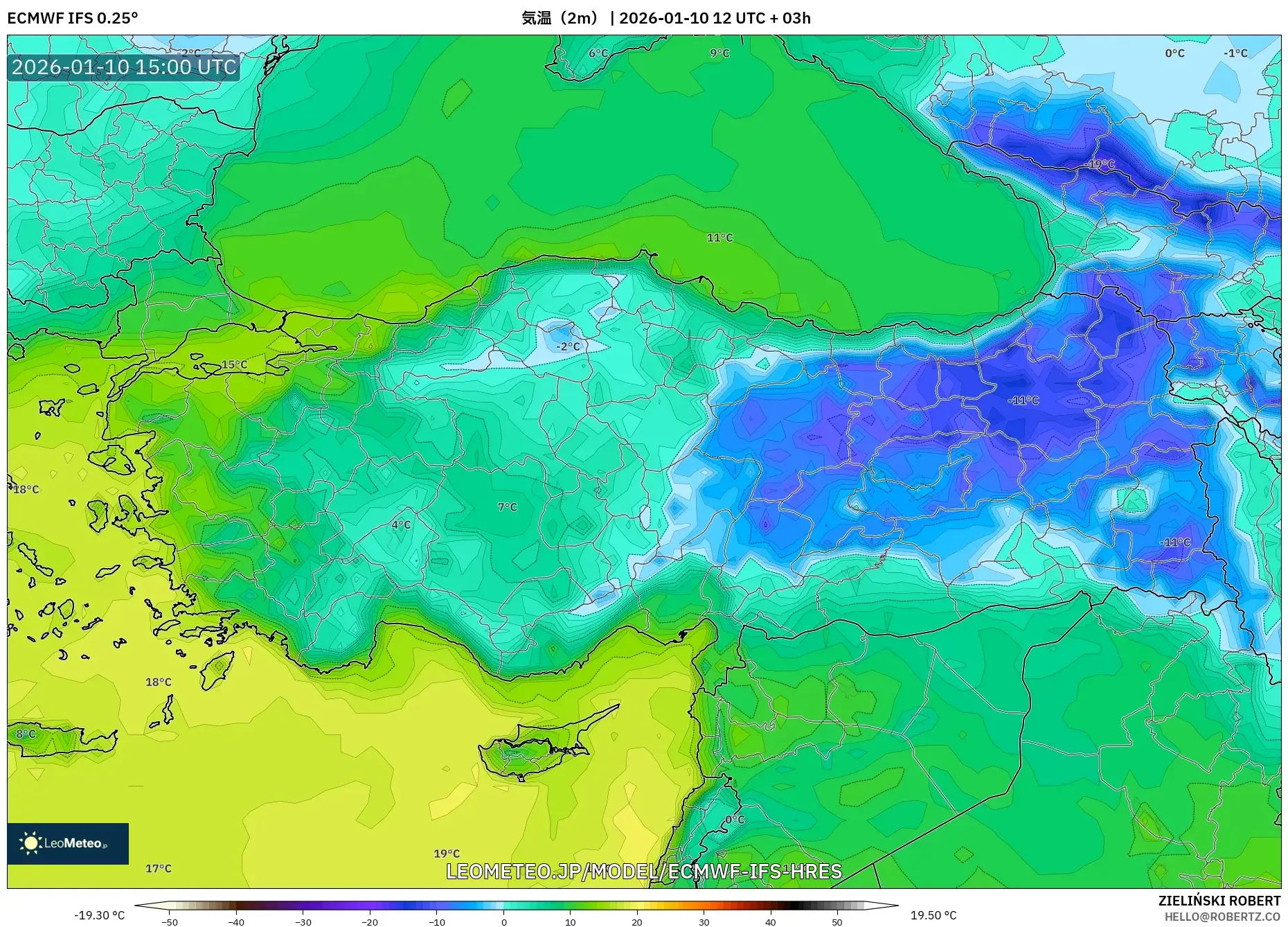 ECMWF IFS 0.25° model - トルコ, 気温（2m）