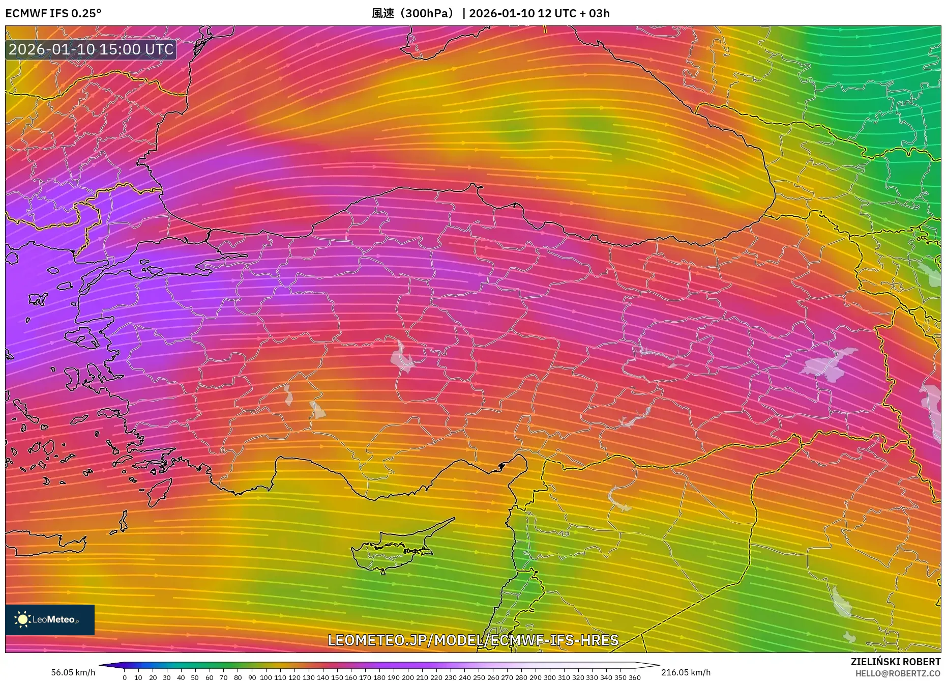 ECMWF IFS 0.25° model - トルコ, 風速（300hPa）