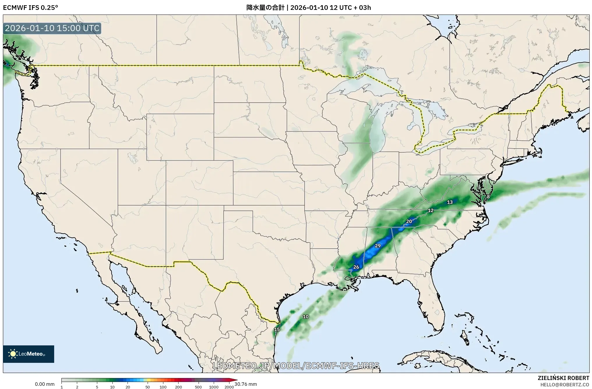 ECMWF IFS 0.25° model - アメリカ合衆国, 降水量の合計