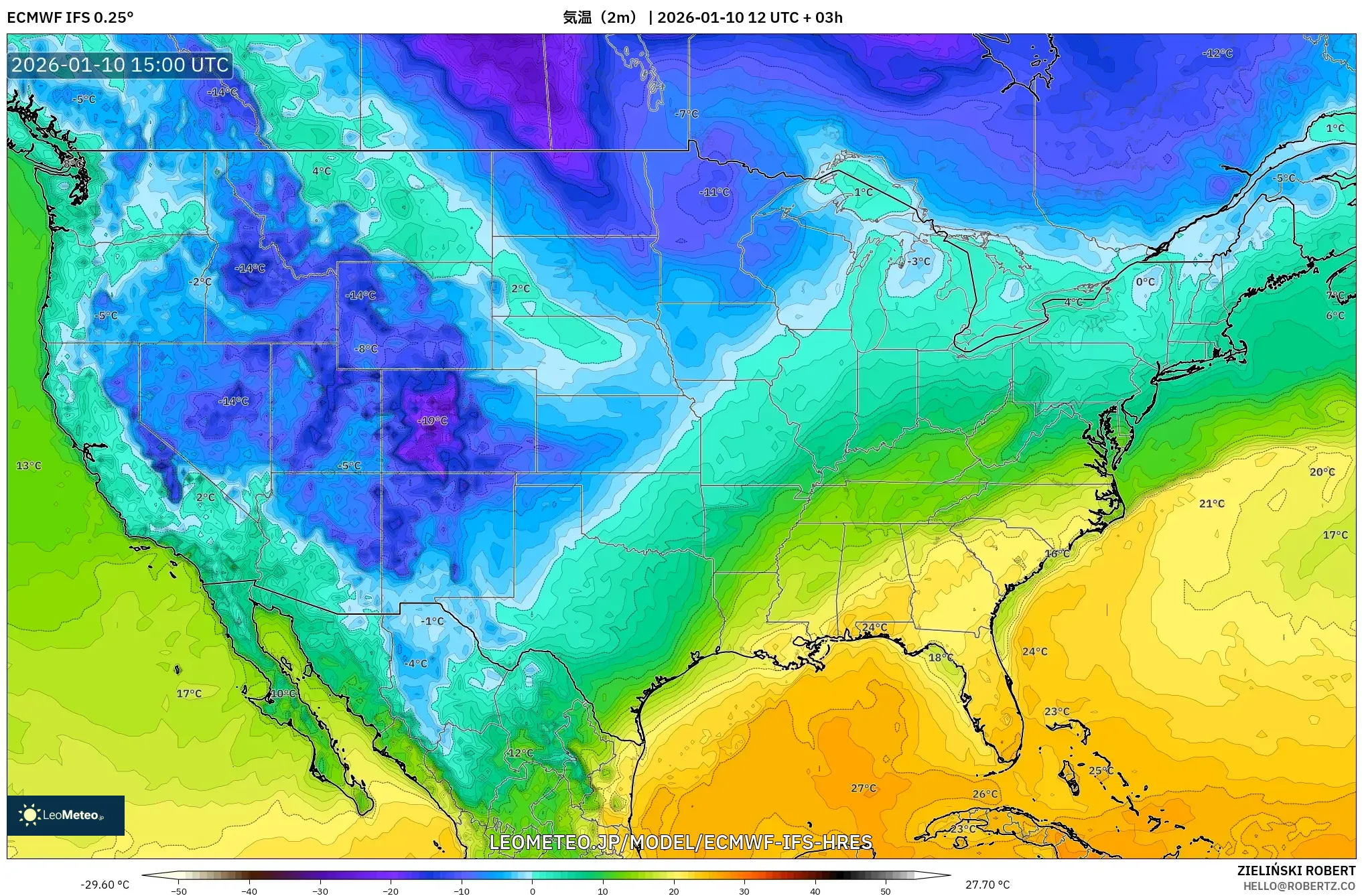 ECMWF IFS 0.25° model - アメリカ合衆国, 気温（2m）