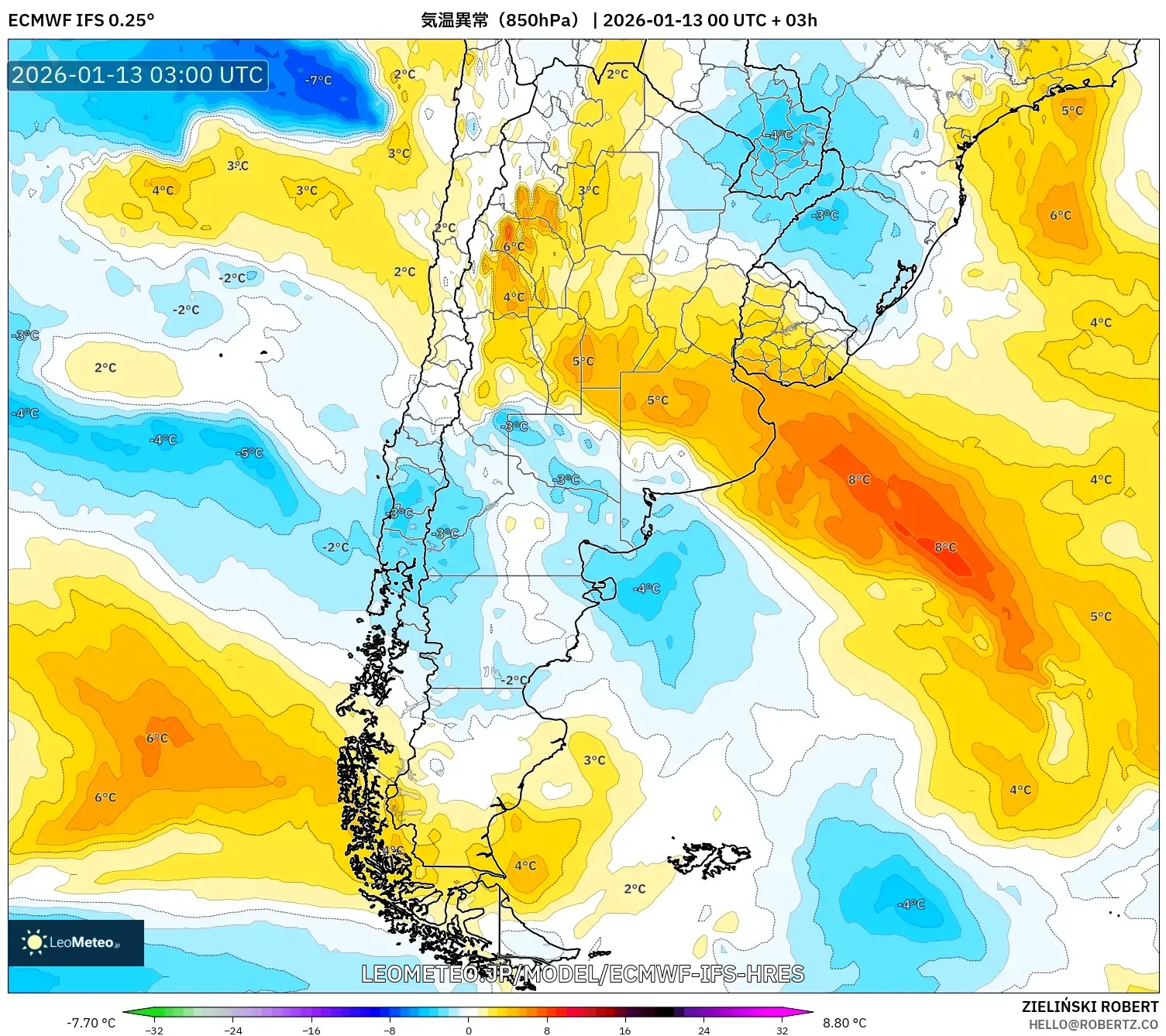 ECMWF IFS 0.25° model - アルゼンチン, 気温異常（850hPa）