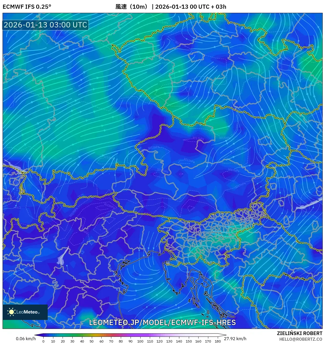 ECMWF IFS 0.25° model - オーストリア, 風速（10m）