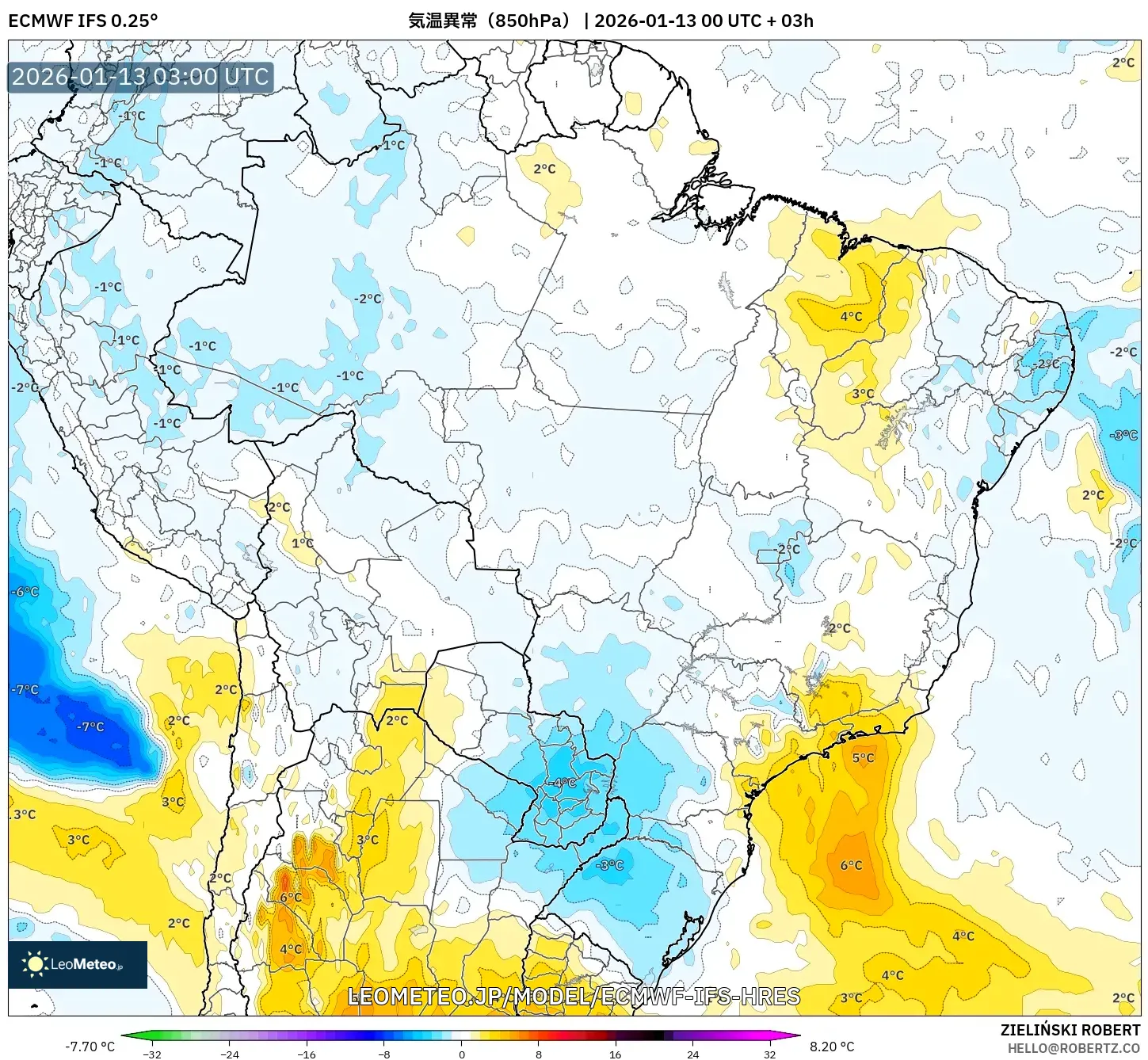 ECMWF IFS 0.25° model - ブラジル, 気温異常（850hPa）