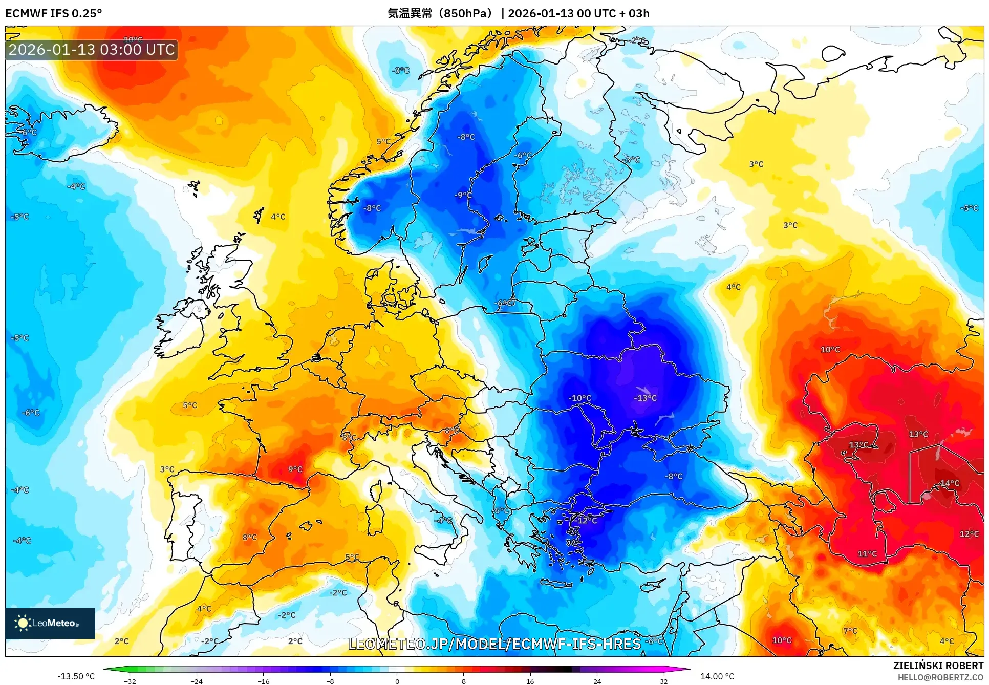 ECMWF IFS 0.25° model - ヨーロッパ, 気温異常（850hPa）