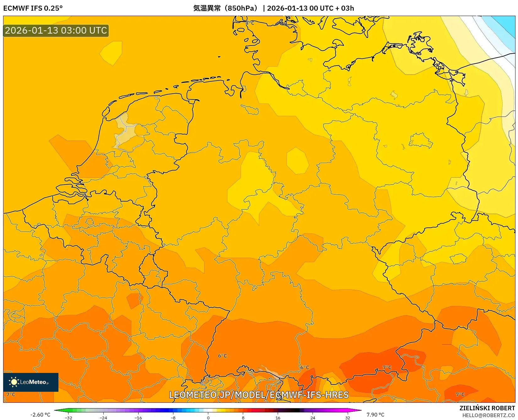 ECMWF IFS 0.25° model - ドイツ, 気温異常（850hPa）