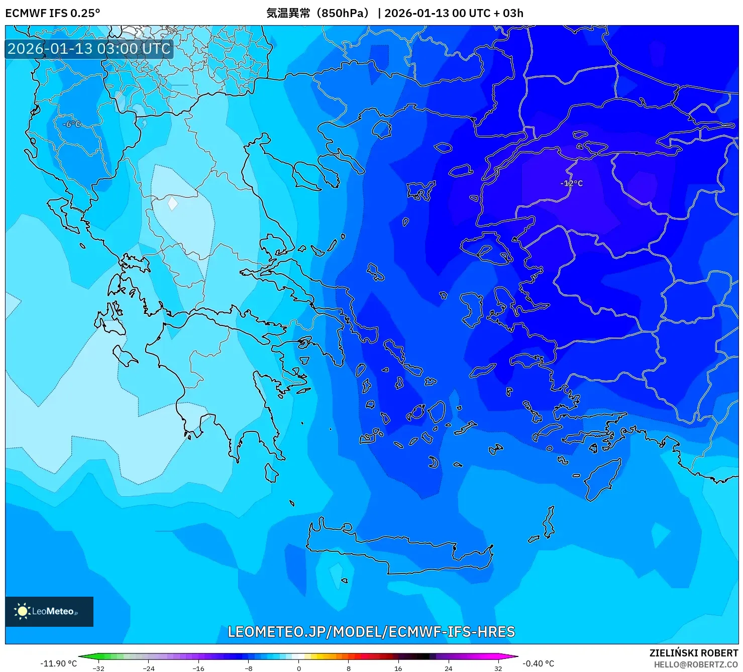 ECMWF IFS 0.25° model - ギリシャ, 気温異常（850hPa）