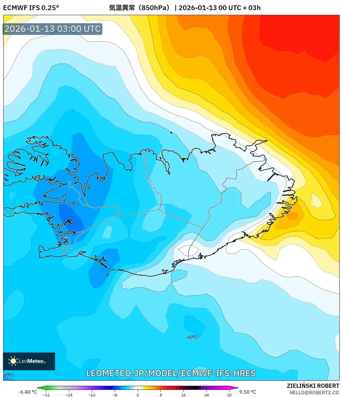 ECMWF IFS 0.25° model - アイスランド, 気温異常（850hPa）