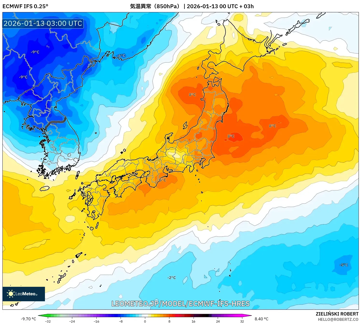 ECMWF IFS 0.25° model - 日本, 気温異常（850hPa）