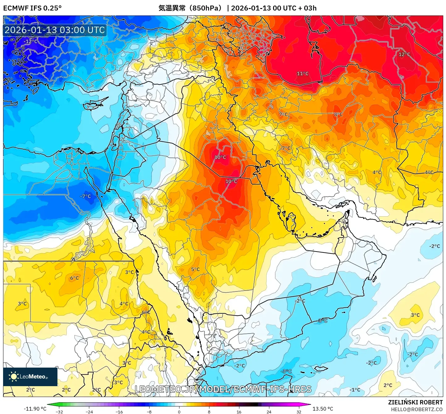 ECMWF IFS 0.25° model - 中東, 気温異常（850hPa）