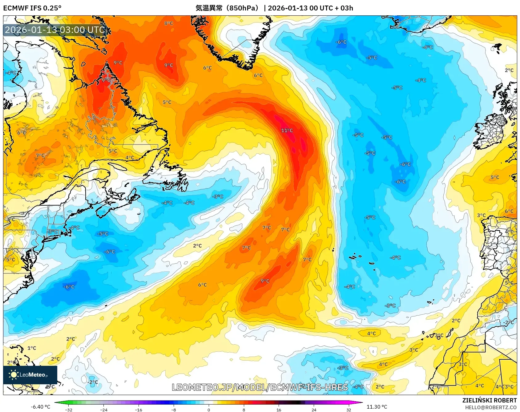ECMWF IFS 0.25° model - 北大西洋, 気温異常（850hPa）