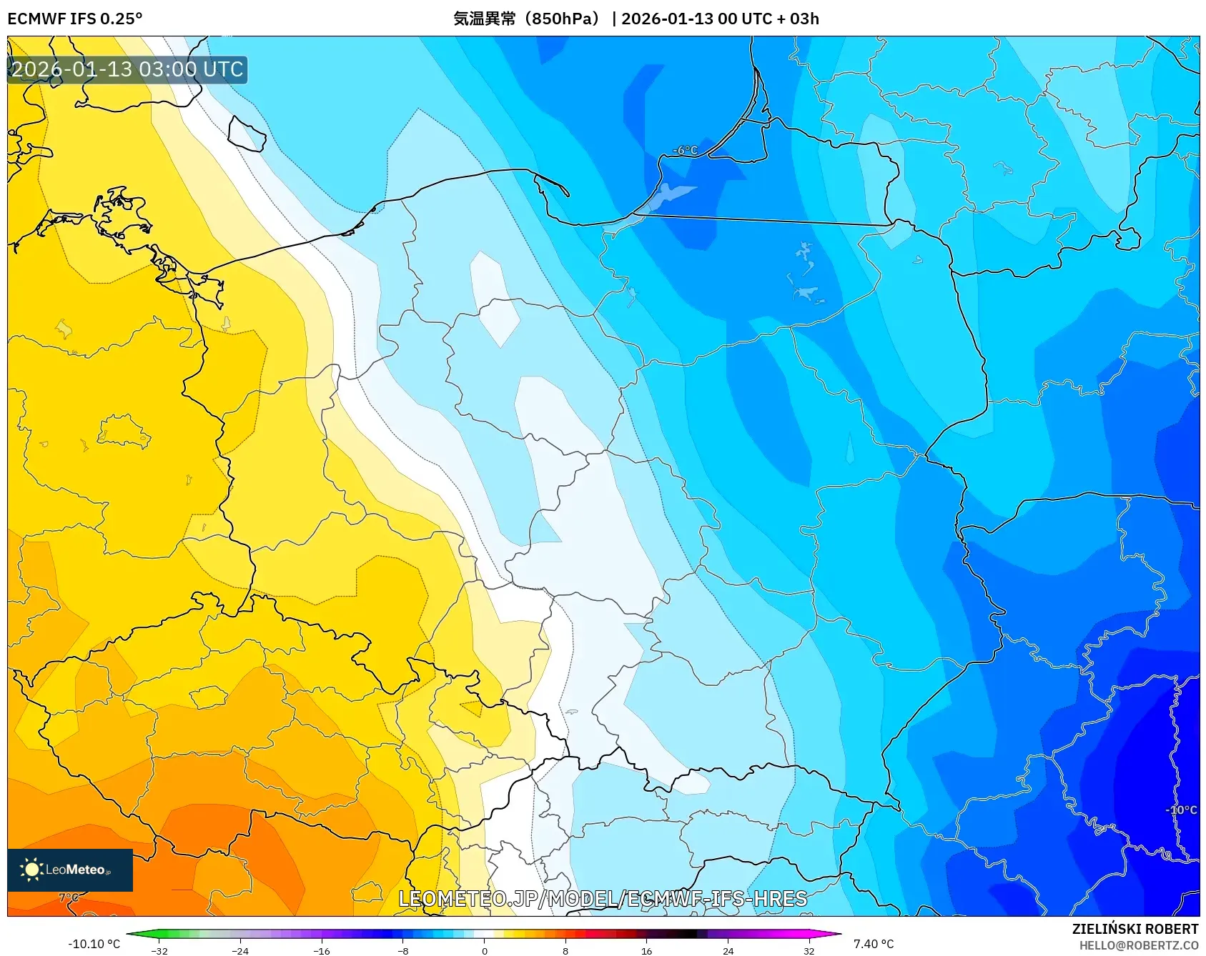 ECMWF IFS 0.25° model - ポーランド, 気温異常（850hPa）