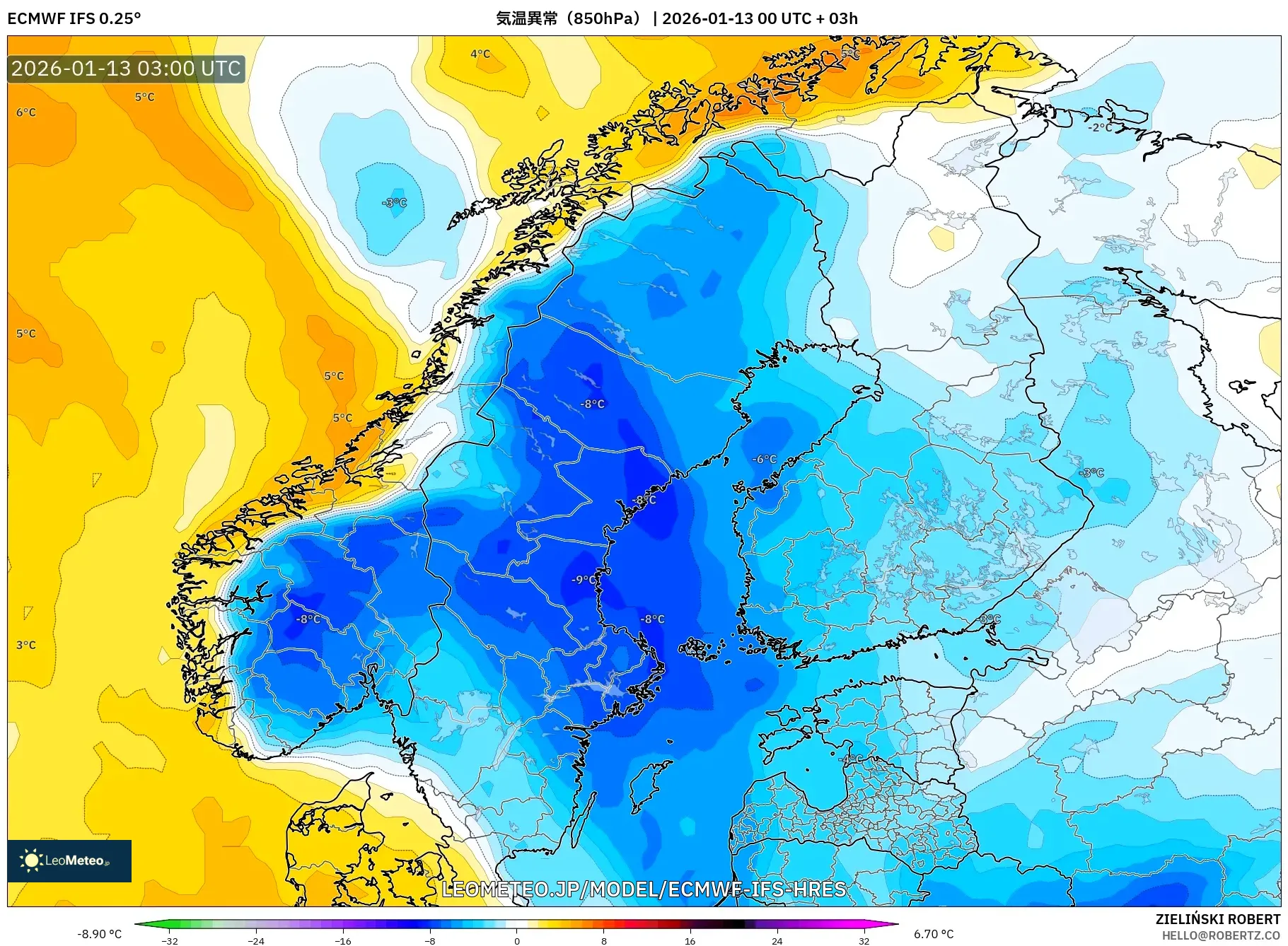ECMWF IFS 0.25° model - スカンジナビア, 気温異常（850hPa）