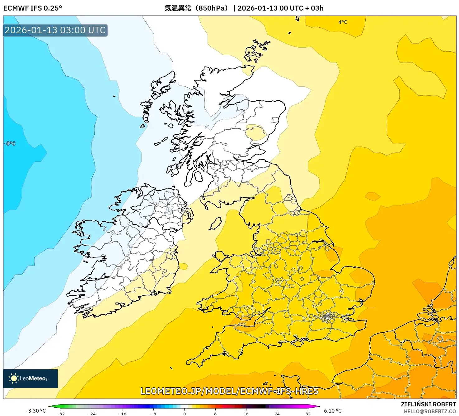 ECMWF IFS 0.25° model - イギリス, 気温異常（850hPa）