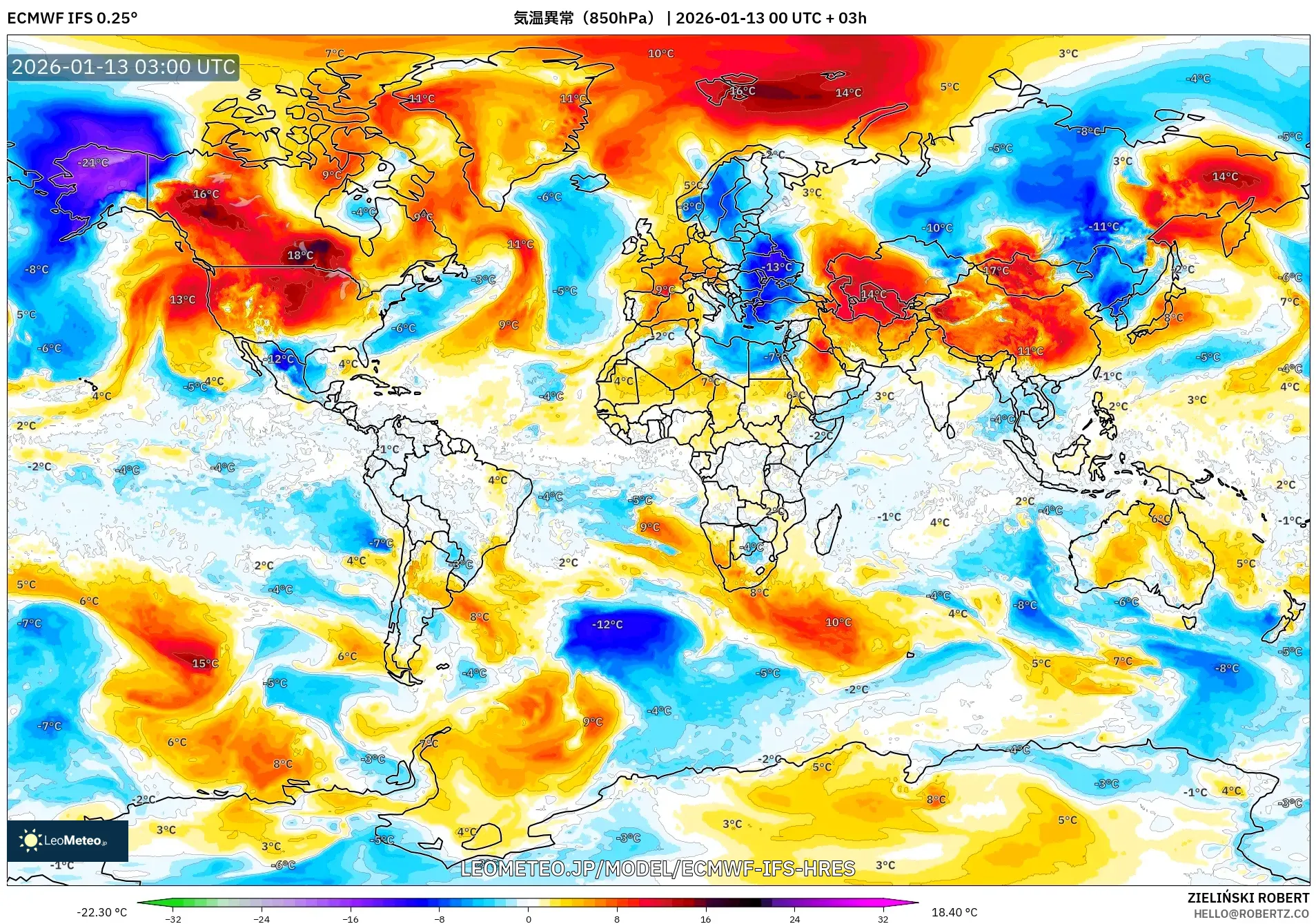 ECMWF IFS 0.25° model - 世界, 気温異常（850hPa）