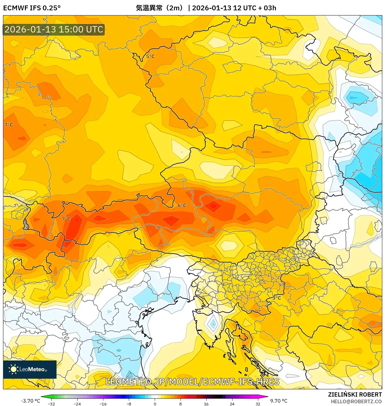 ECMWF IFS 0.25° model - オーストリア, 気温異常（2m）