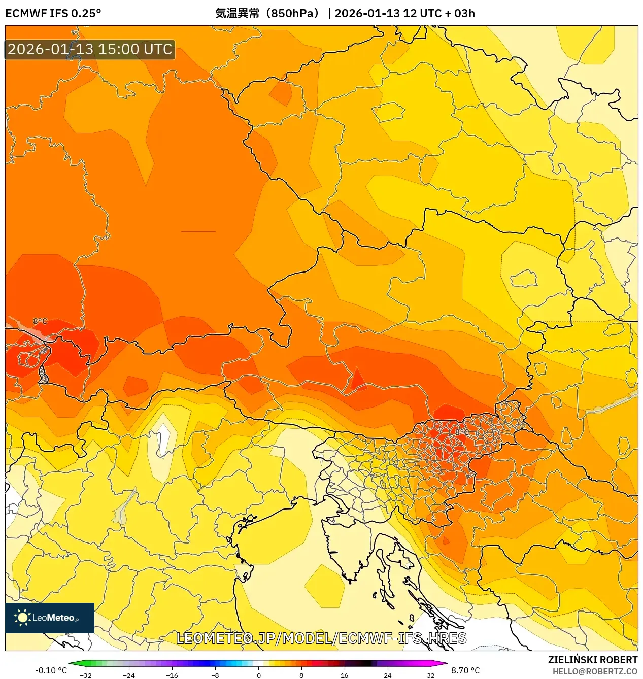 ECMWF IFS 0.25° model - オーストリア, 気温異常（850hPa）