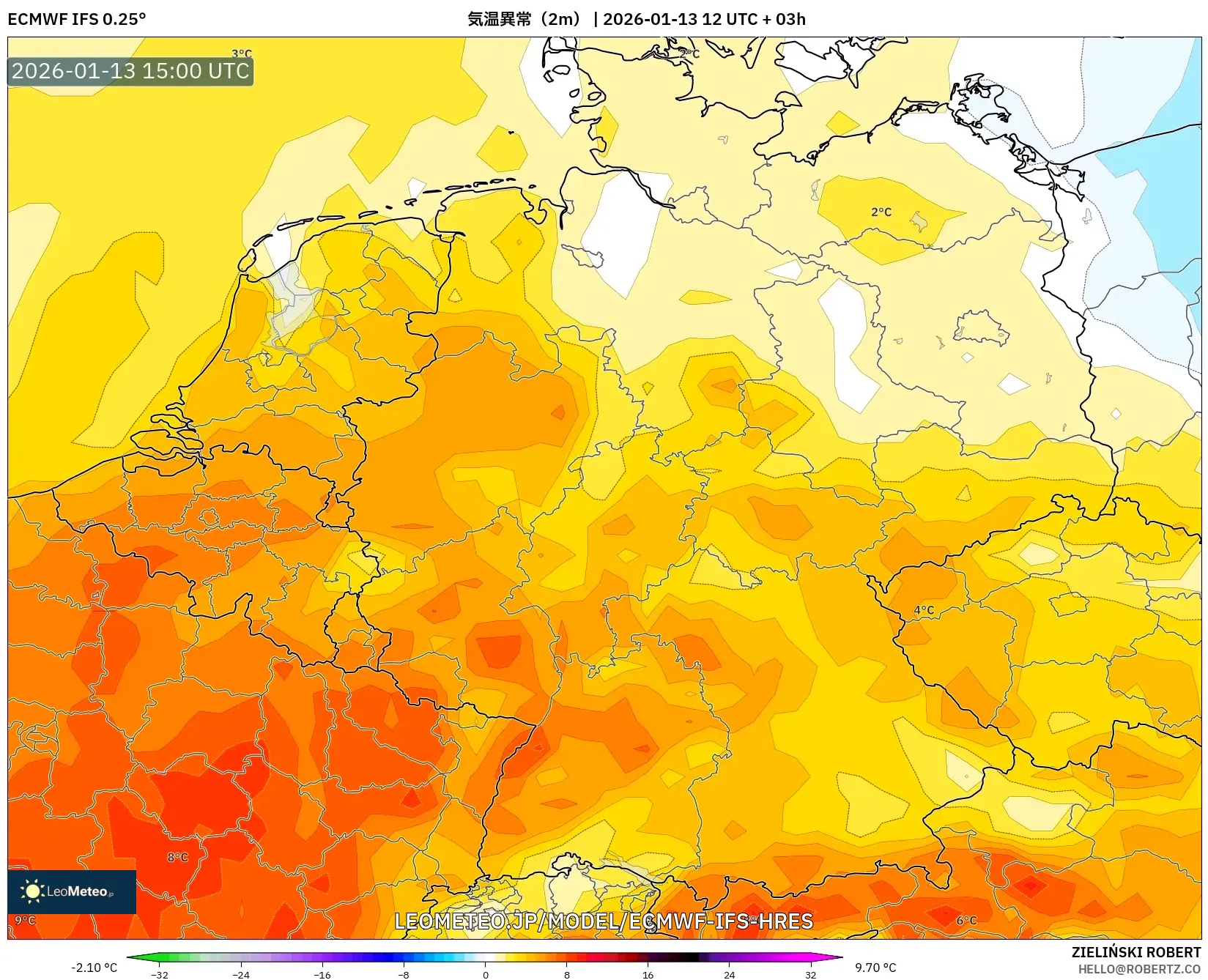 ECMWF IFS 0.25° model - ドイツ, 気温異常（2m）