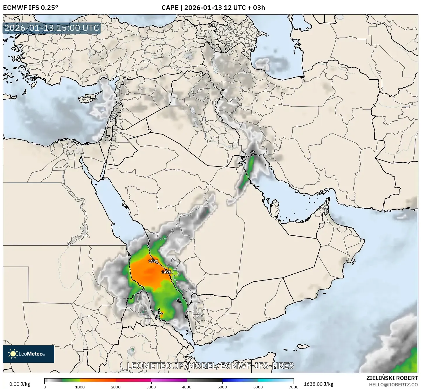 ECMWF IFS 0.25° model - 中東, CAPE