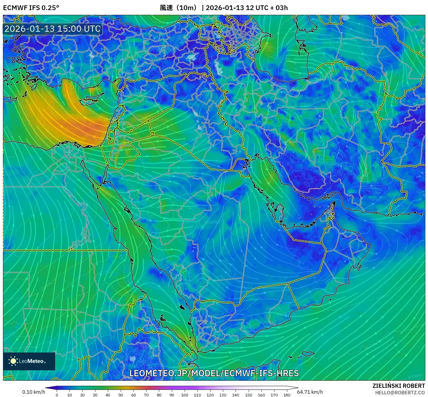 ECMWF IFS 0.25° model - 中東, 風速（10m）