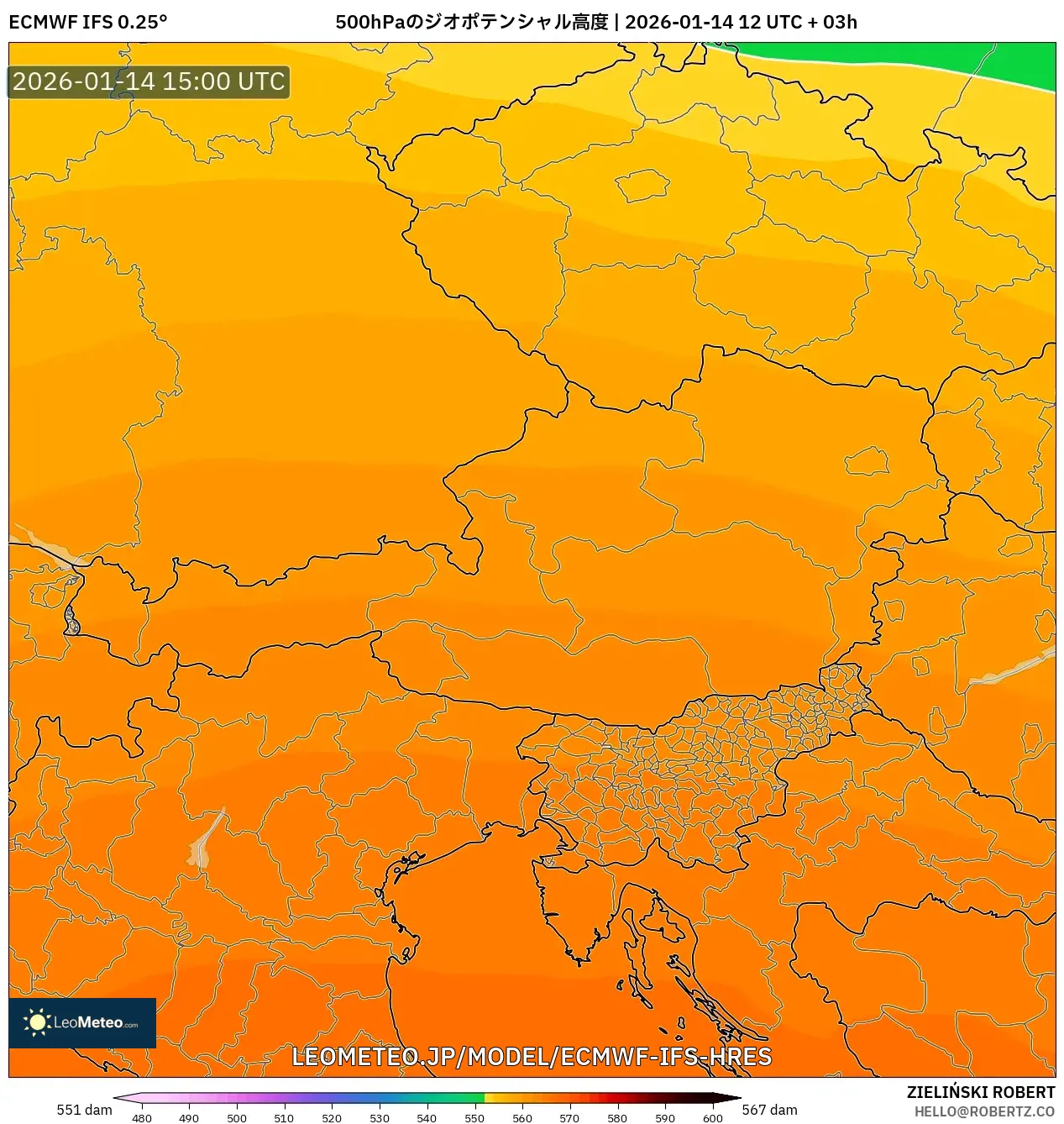 ECMWF IFS 0.25° model - オーストリア, 500hPaのジオポテンシャル高度