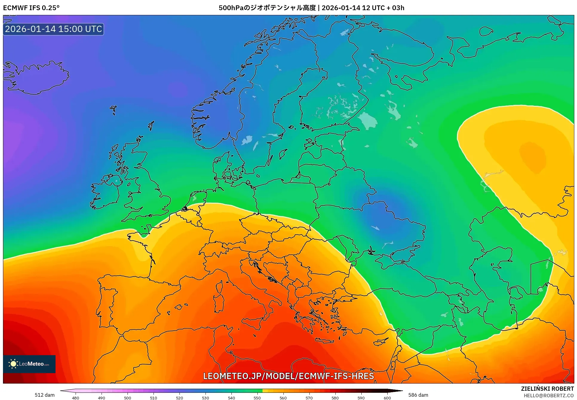 ECMWF IFS 0.25° model - ヨーロッパ, 500hPaのジオポテンシャル高度
